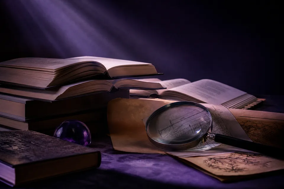 Opengeslagen boeken en een vergrootglas in paars licht